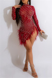 Burgundy Sexy Patchwork Hot Drilling See-through Feathers Beading Asymmetrical Half A Turtleneck Long Sleeve Dresses