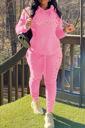Pink Street Print Letter Hooded Collar Long Sleeve Two Pieces