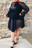 Black Sexy Casual Dot Hollowed Out See-through O Neck Long Sleeve Plus Size Two Pieces