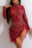 Blue Sexy Patchwork Hot Drilling See-through Feathers Beading Asymmetrical Half A Turtleneck Long Sleeve Dresses