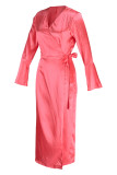 Арбуз Красный Модные повседневные однотонные лоскутные платья с V-образным вырезом и длинными рукавами