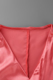 Wassermelonen-rote Art und Weise beiläufige feste Patchwork-Kleider mit V-Ausschnitt und langen Ärmeln