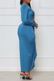 Синие сексуальные повседневные сплошные выдолбленные асимметричные платья с круглым вырезом и длинным рукавом