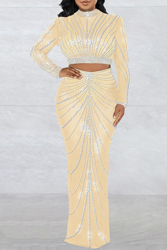Apricot Sexy Patchwork Hot Drilling See-through Turtleneck Long Sleeve Two Pieces