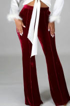 Rode casual effen patchwork normale broek met hoge taille