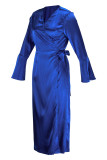Vestidos de manga comprida azul moda casual patchwork sólido decote em v
