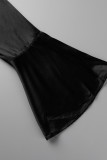Zwarte mode casual effen patchwork V-hals jurken met lange mouwen
