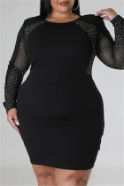 Черные повседневные прозрачные платья больших размеров в стиле пэчворк с круглым вырезом и длинным рукавом