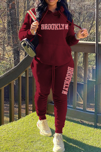 Burgundy Street Print Letter Hooded Collar Long Sleeve Two Pieces