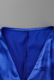 Vestidos de manga larga con cuello en V de patchwork sólido casual de moda azul