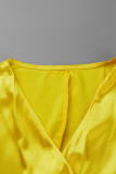 Vestidos de manga larga con cuello en V de patchwork sólido casual de moda amarilla