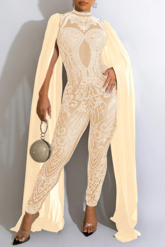 Apricot Sexy Patchwork Hot Drilling See-through Half A Turtleneck Skinny Jumpsuits