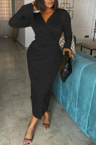 Черные модные повседневные однотонные лоскутные платья с V-образным вырезом и длинным рукавом
