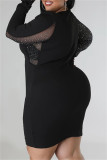 Black Casual Patchwork Hot Drilling See-through O Neck Long Sleeve Plus Size Dresses