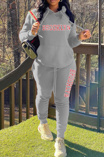 Grey Street Print Letter Hooded Collar Long Sleeve Two Pieces