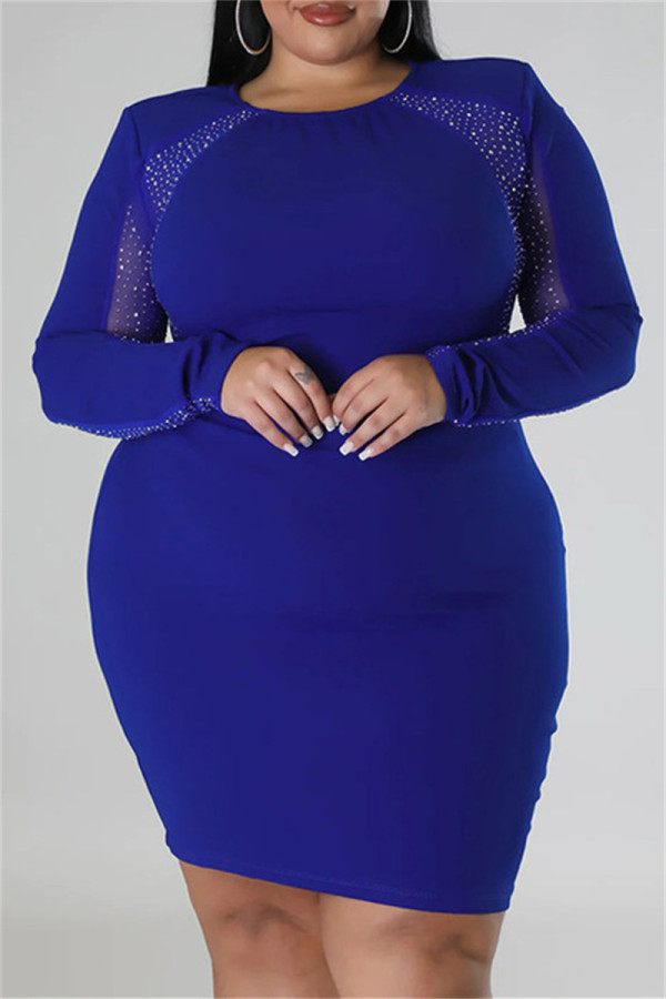 Синие повседневные прозрачные платья больших размеров в стиле пэчворк с круглым вырезом и длинными рукавами