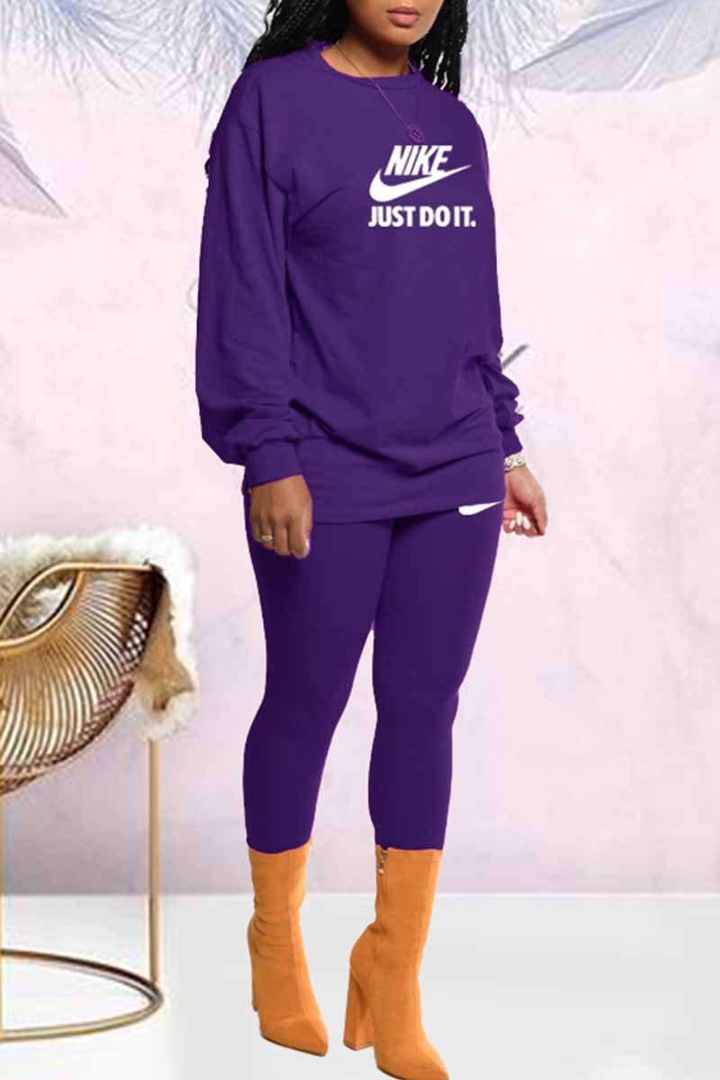 

Purple Casual Print Letter O Neck Long Sleeve Two Pieces