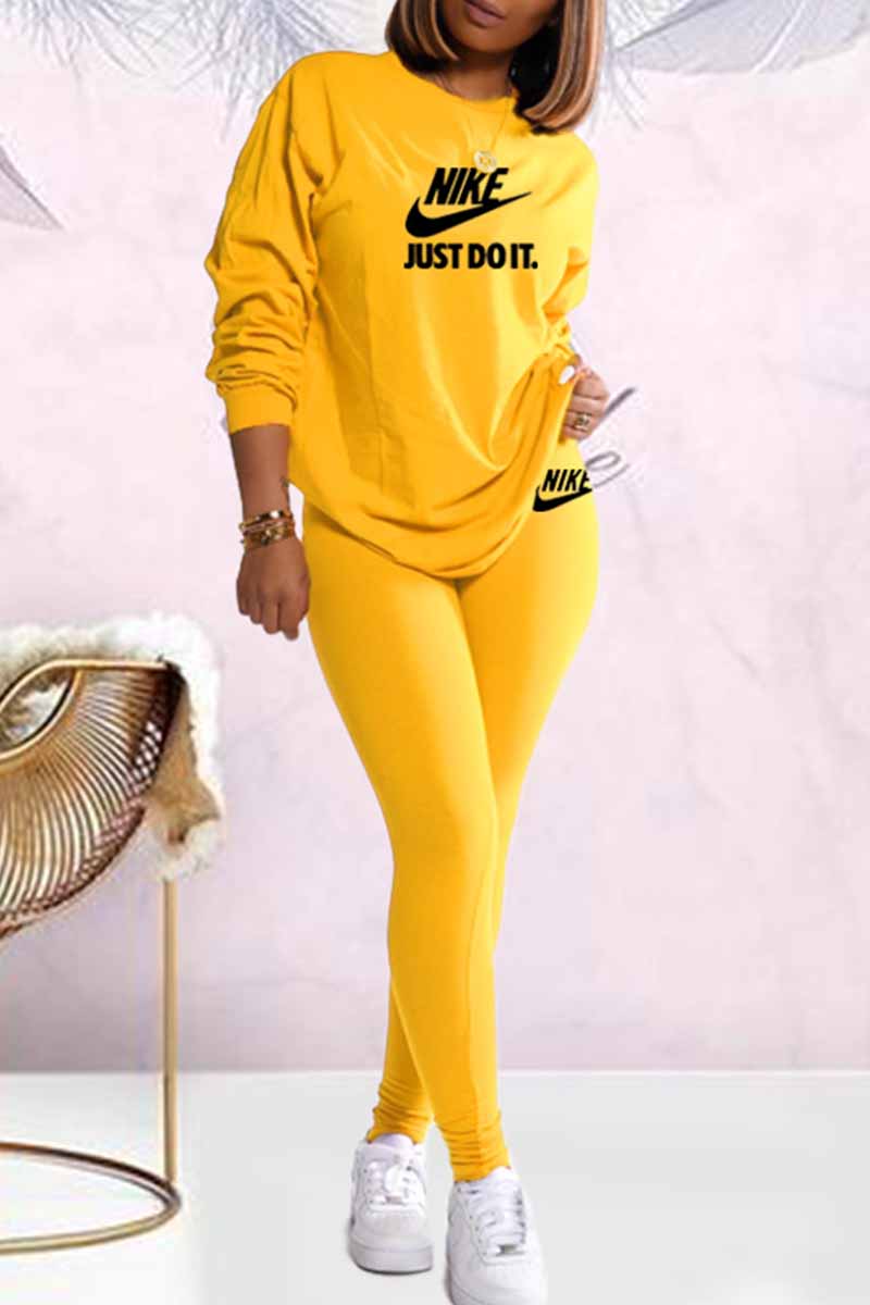 

Yellow Casual Print Letter O Neck Long Sleeve Two Pieces