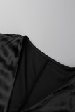 Schwarze, modische, lässige, feste Patchwork-Kleider mit V-Ausschnitt und langen Ärmeln