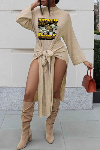 Beige Casual Print Slit Half A Turtleneck Long Sleeve Dresses