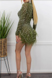 Green Sexy Patchwork Hot Drilling See-through Feathers Beading Asymmetrical Half A Turtleneck Long Sleeve Dresses