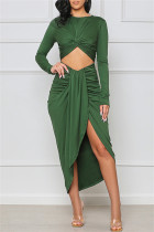 Зеленые сексуальные повседневные сплошные выдолбленные асимметричные платья с круглым вырезом и длинными рукавами