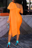 Оранжевые модные повседневные однотонные платья в стиле пэчворк с открытой спиной и косым воротником с длинным рукавом
