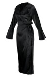 Черные модные повседневные однотонные лоскутные платья с V-образным вырезом и длинным рукавом