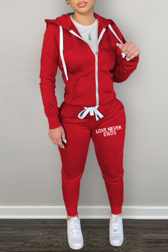 Red Street Letter Print Zipper Hooded Collar Long Sleeve Jackets And Pants Sportwear Two Piece Jogger Set