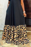 Schwarzes Vintage Elegant Print Leopard Patchwork Langes Kleid Plus Size Kleider