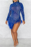 Синий сексуальный лоскутное горячее сверление прозрачные перья бисероплетение асимметричные платья с длинным рукавом до половины водолазки