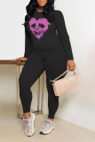 Black Casual Party Skull Patchwork O Neck Tops