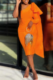 Oranje Mode Casual Solid Patchwork Ruglooze Schuine Kraag Jurken met Lange Mouwen
