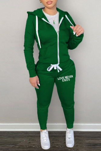 Green Street Letter Print Zipper Hooded Collar Long Sleeve Jackets And Pants Sportwear Two Piece Jogger Set