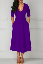Vestidos de falda de cintura con cuello en V de patchwork sólido de calle púrpura
