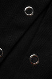 Tops de cuello redondo con abertura de patchwork sólido casual negro