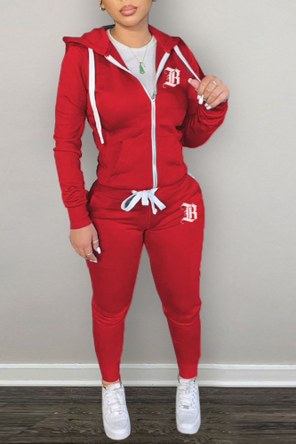 Red Street Letter Print Zipper Hooded Collar Long Sleeve Jackets And Pants Sportwear Two Piece Jogger Set