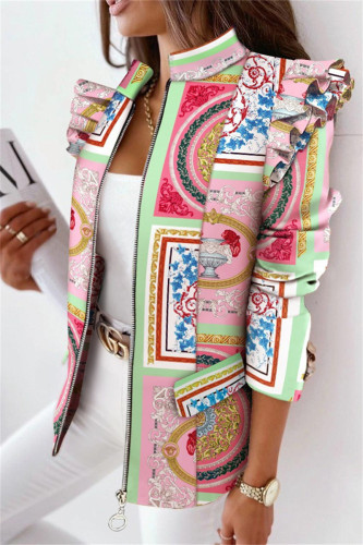 Light Pink Casual Print Patchwork Flounce Zipper Collar Outerwear