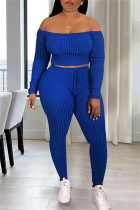 Blue Casual Solid Backless Off the Shoulder Long Sleeve Two Pieces
