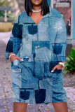 Синие повседневные платья с длинным рукавом и V-образным вырезом в стиле пэчворк с принтом