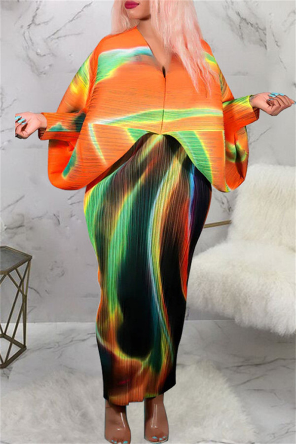 オレンジ グリーン カジュアル プリント パッチワーク V ネック ペンシル スカート プラス サイズ ドレス