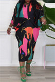Fuchsia Casual Print Patchwork V Neck Pencil Skirt Robes de grande taille