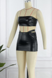 Black Sexy Solid Hollowed Out Patchwork See-through Strapless Sleeveless Two Pieces