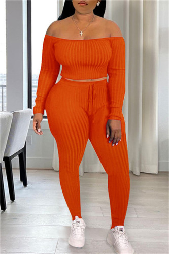 Orange Casual Solid Backless Off the Shoulder Long Sleeve Two Pieces