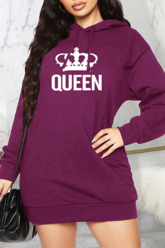 Purple Casual Print Patchwork Hooded Collar Straight Dresses