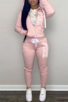 Pink Casual Daily Letter Print Patchwork Hooded Collar Long Sleeve Two Pieces