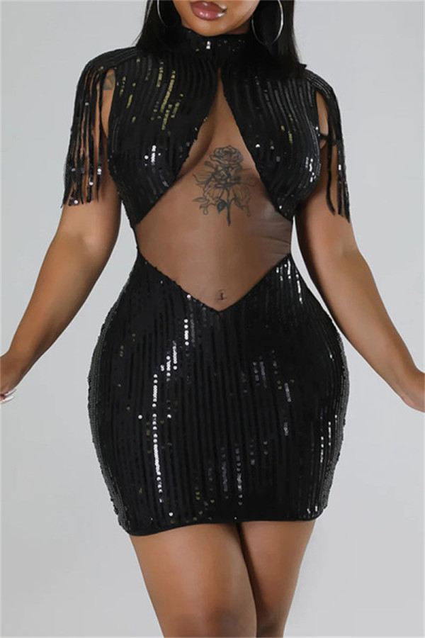 Черное сексуальное лоскутное платье без рукавов с кисточками и блестками Половина водолазки Платья