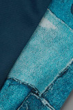 Monos flacos de cuello con cremallera de patchwork estampado casual de moda azul