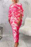 Robes de grande taille rose jupe crayon col V imprimé patchwork décontracté