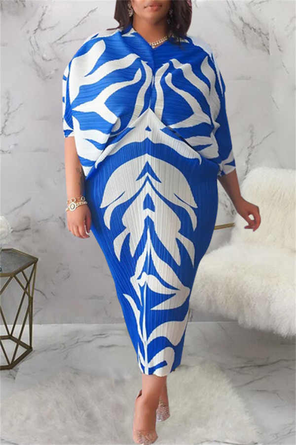 ブルー カジュアル プリント パッチワーク V ネック ペンシル スカート プラス サイズ ドレス